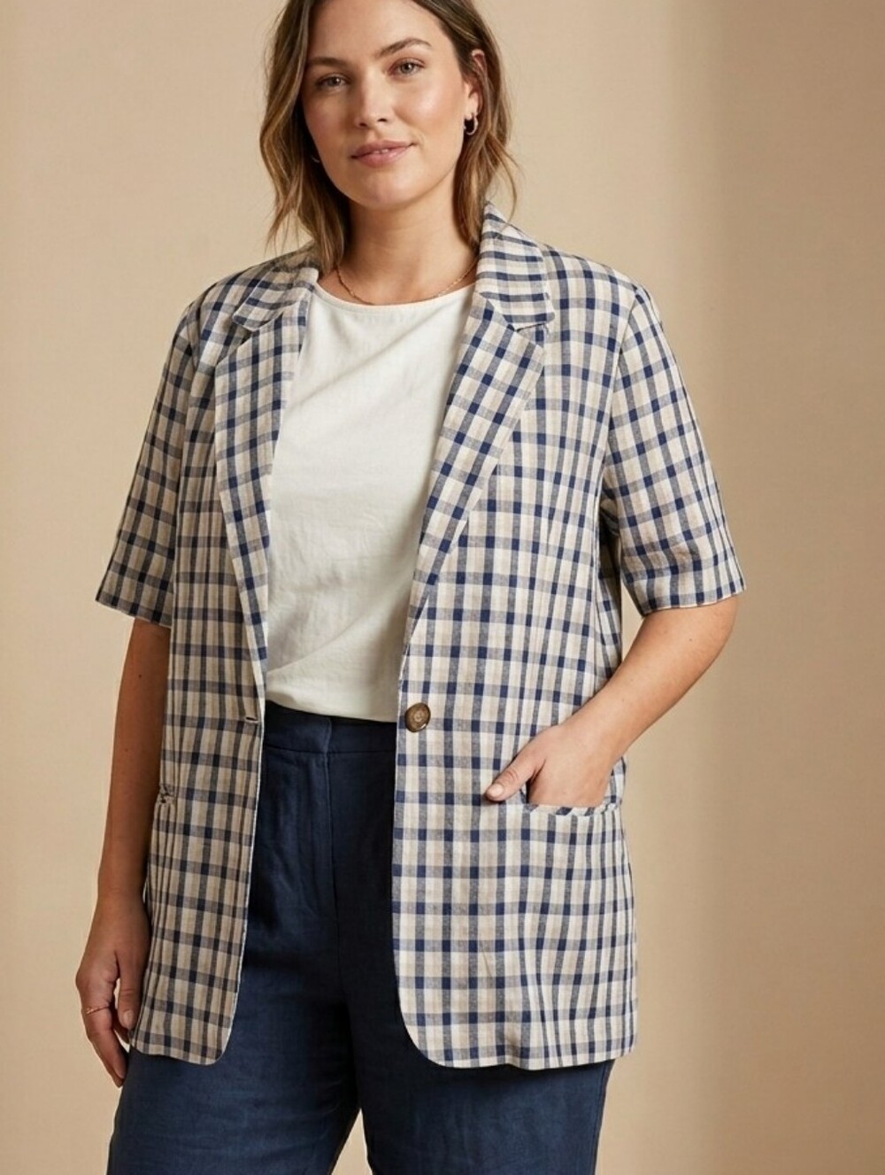 Requirements Linen Blend Plaid Blazer Women’s Size 14 Short Sleeve